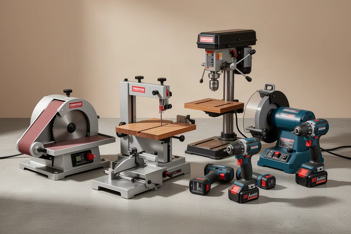 Skil benchtop machines and compact cordless tools arranged on a concrete surface