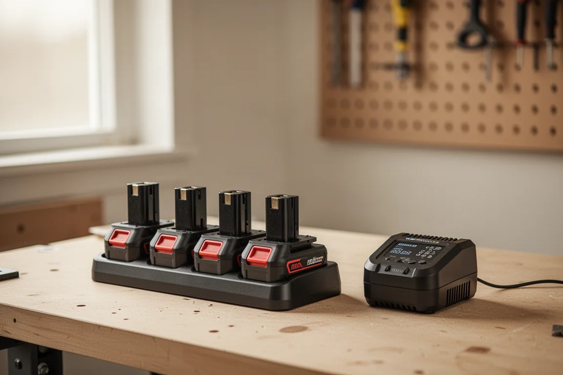 Homeowner charging cordless tool batteries on a workshop bench
