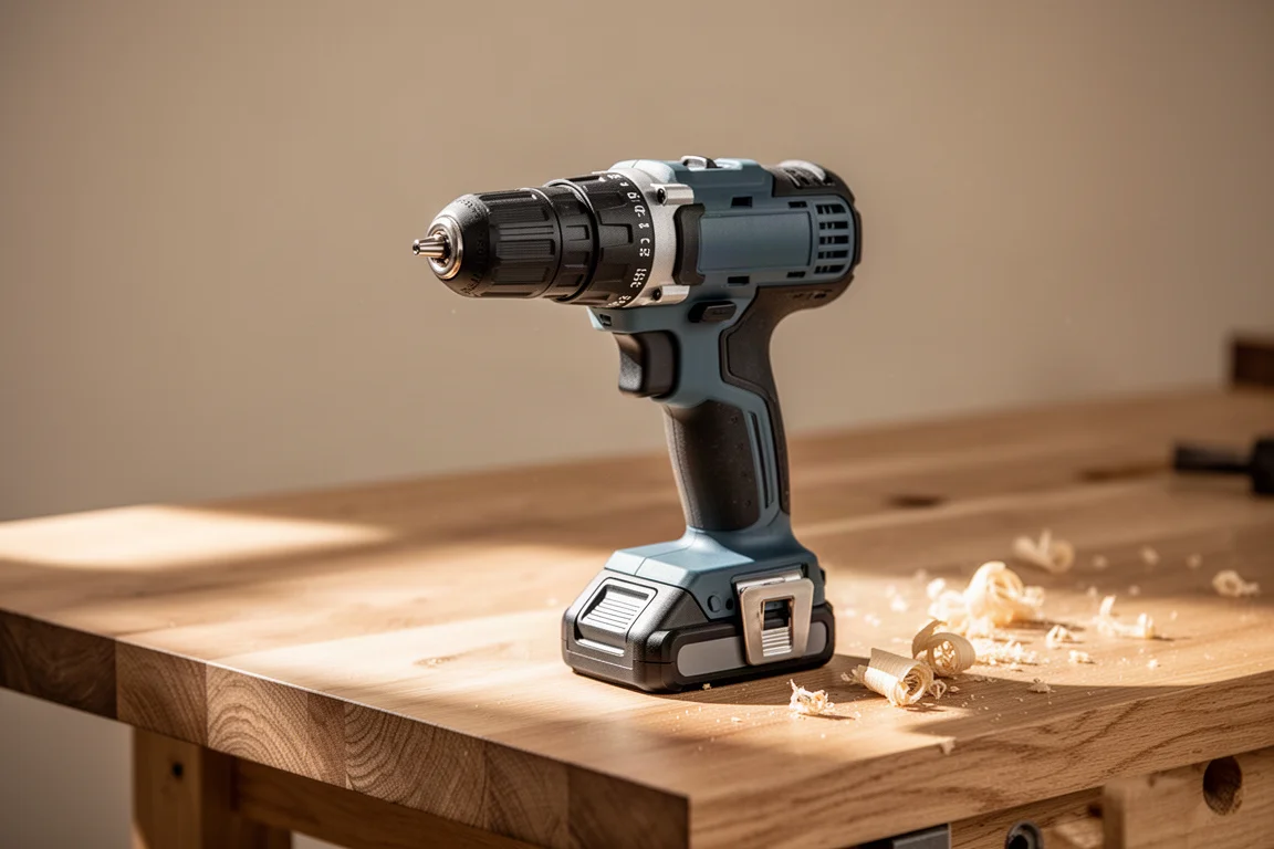 Compact drill driver resting on a wooden workbench