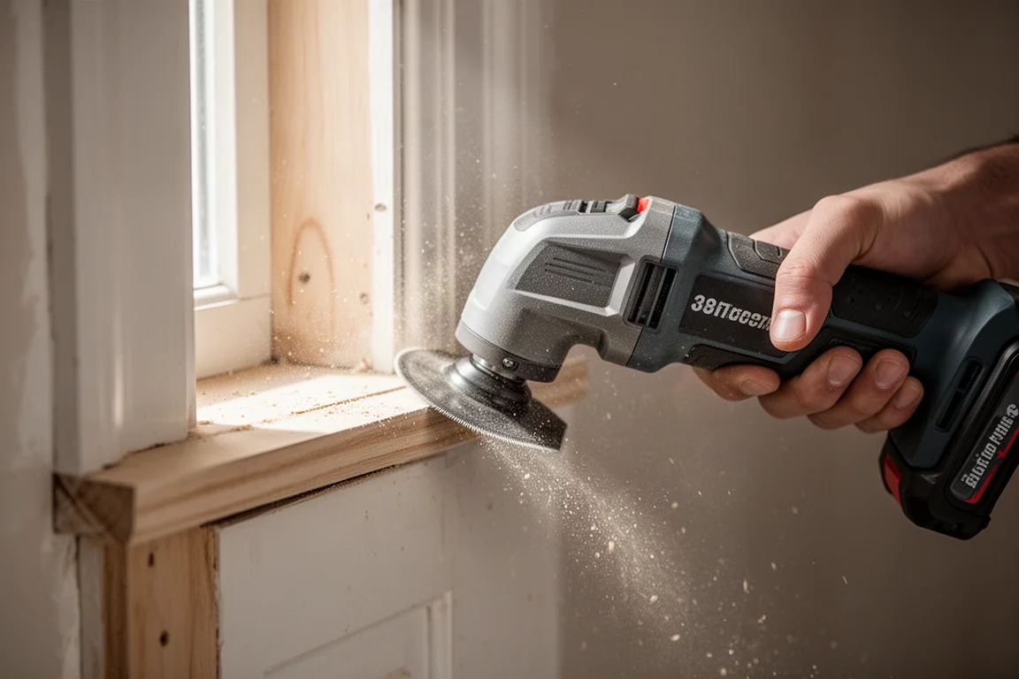 Oscillating multi-tool cutting trim in a renovation scene