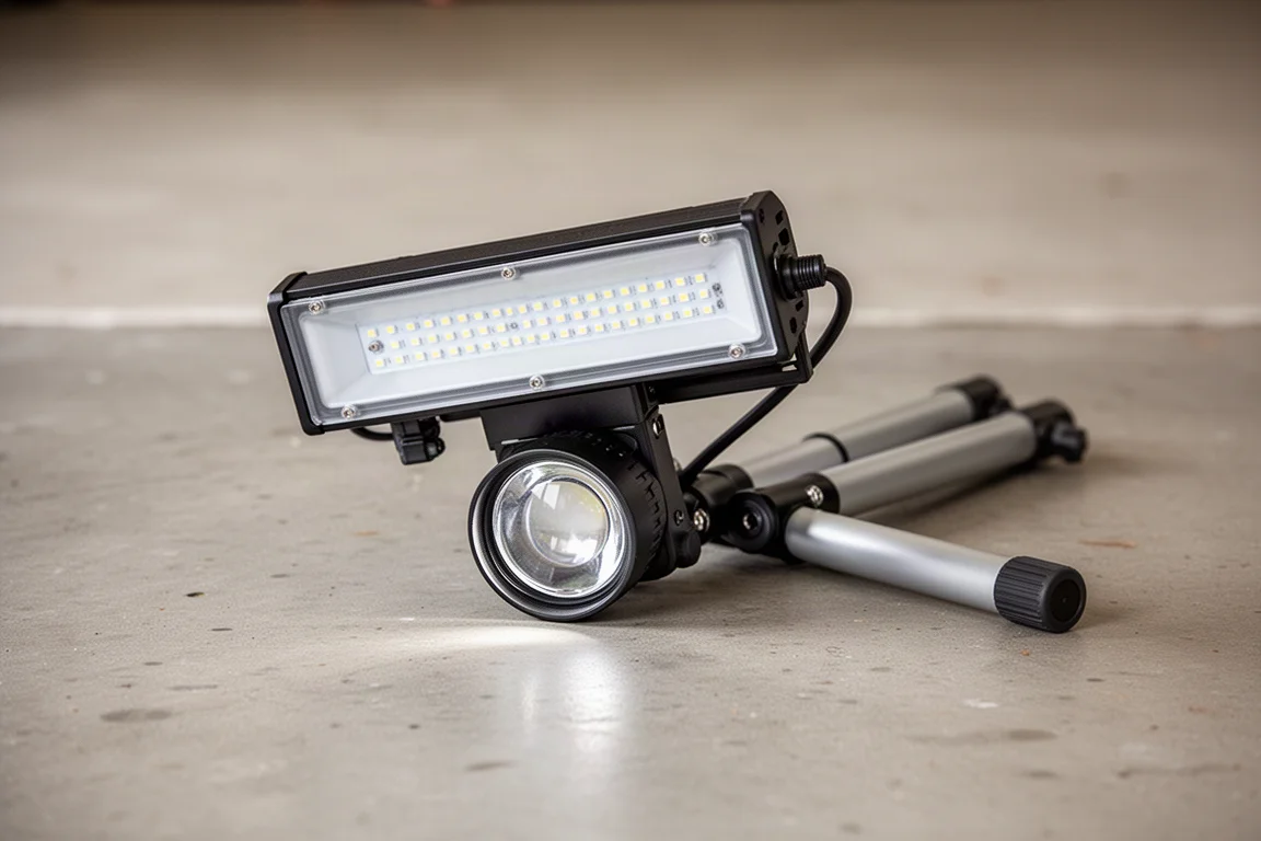 Cabeça da luminária girada para baixo, voltada para dentro do próprio alojamento, para armazenamento protegido