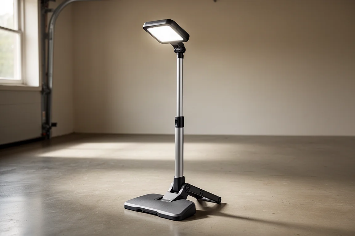 Bezprzewodowa teleskopowa lampa warsztatowa SKIL Dual-Battery stojąca na podłodze garażu