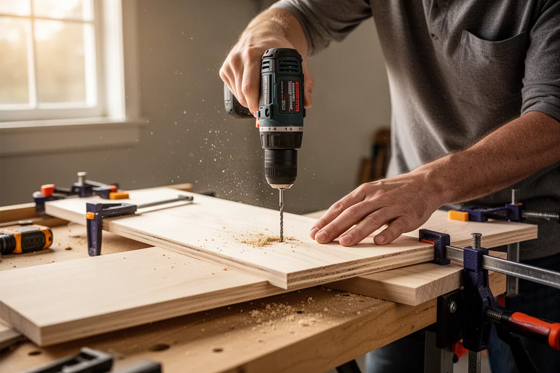 Hobbyist boort een geleidegat in een houten plank op een garagewerkbank