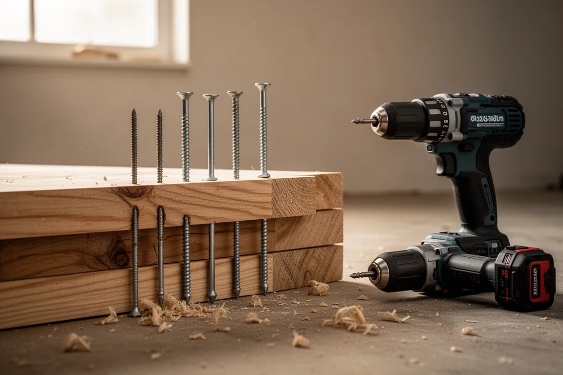 Lange schroeven worden in een houten balk geschroefd in een thuise werkplaats