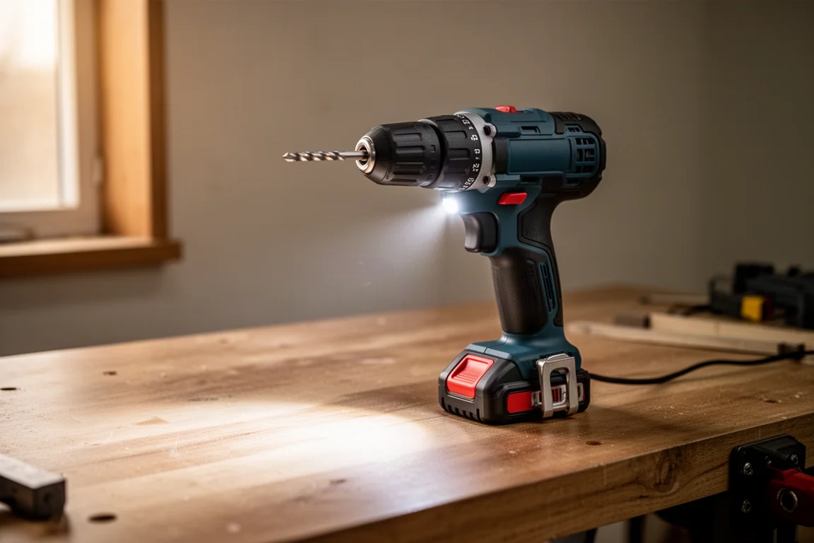 Accu-klopboormachine met LED-licht liggend op een werkbank