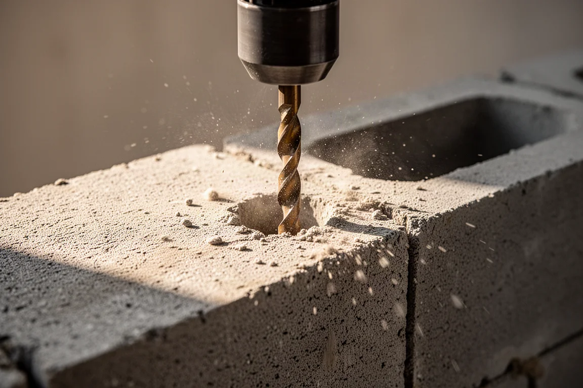 Betonboor die een grijs gasbetonblok binnendringt