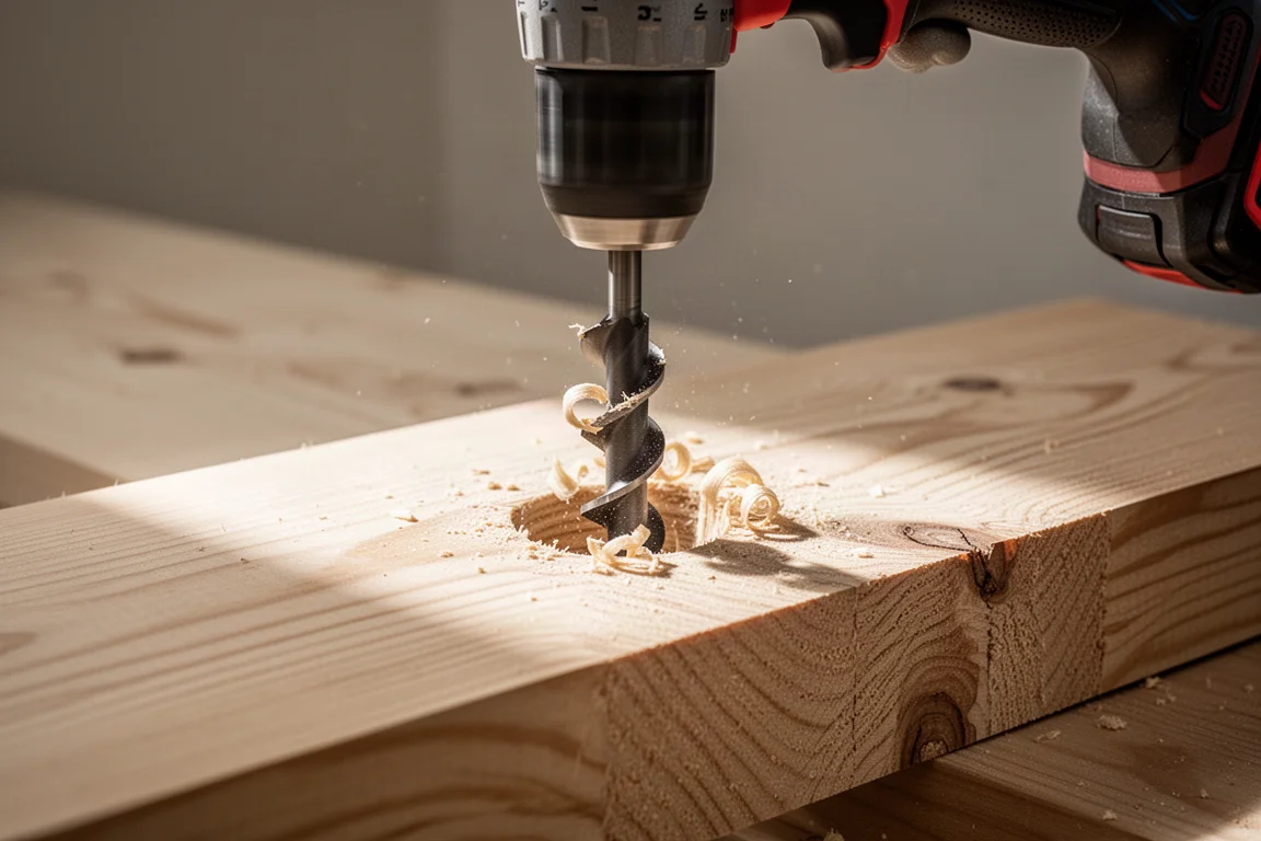 Boormachine die een groteplatteboor door een dikke plank hout draait