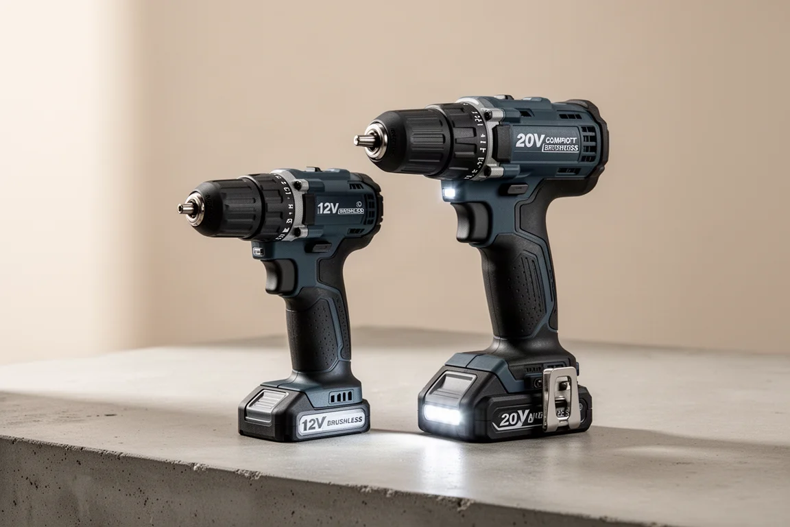 Two compact cordless hammer drills side by side on a concrete surface