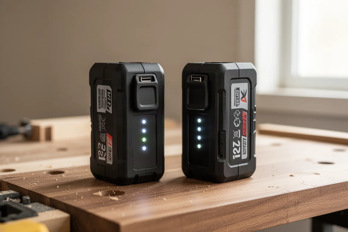 Due batterie al litio da 12V con coperture delle porte USB su un banco di lavoro