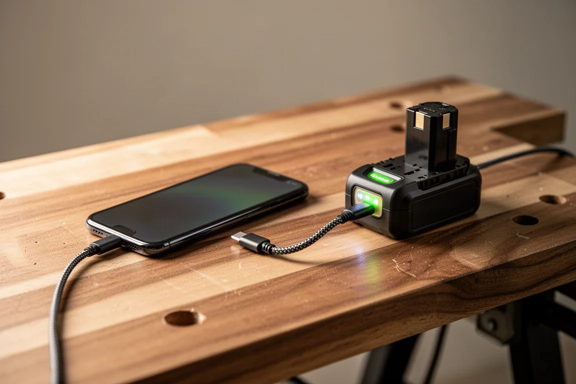 Smartfon podłączony do kompaktowego power banku kablem USB-C na stole warsztatowym