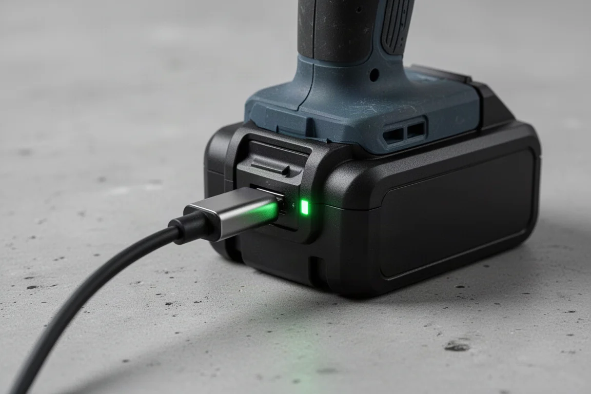 Zbliżenie na kabel USB-C wpięty w tylny port baterii do narzędzi