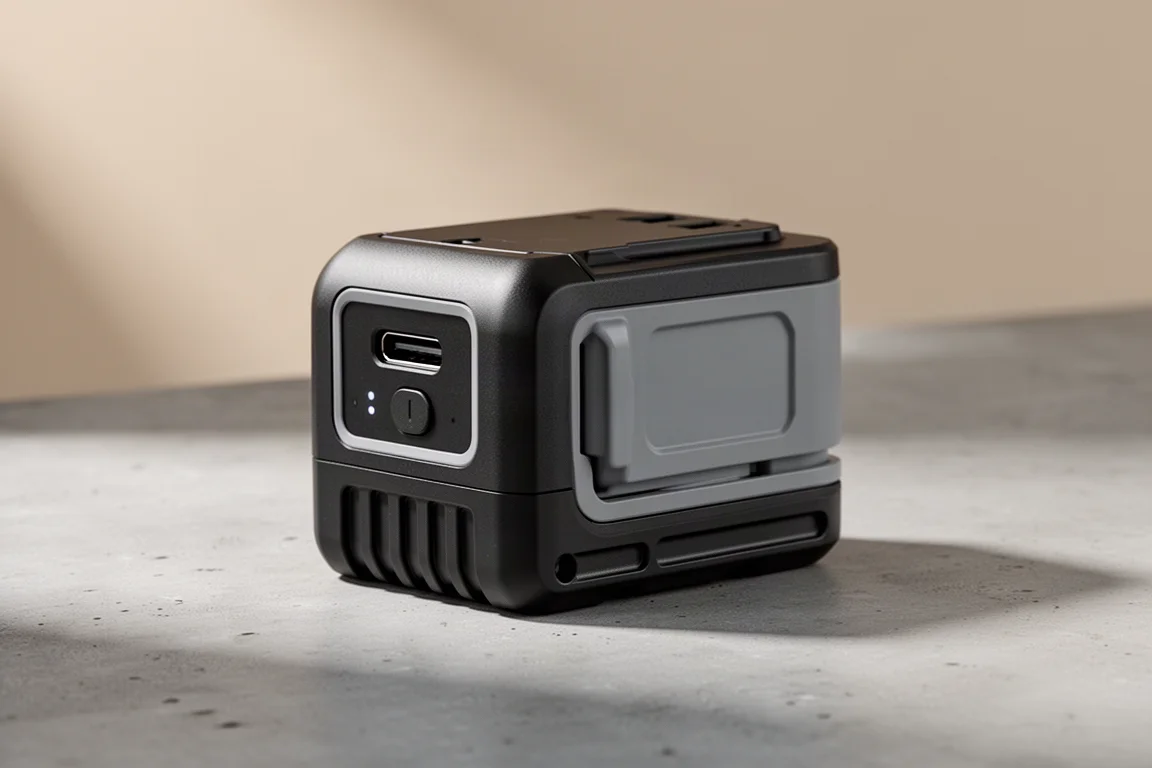 Kompaktowa bateria Skil Power Core 20 z portem USB-C z przodu, na betonowej powierzchni