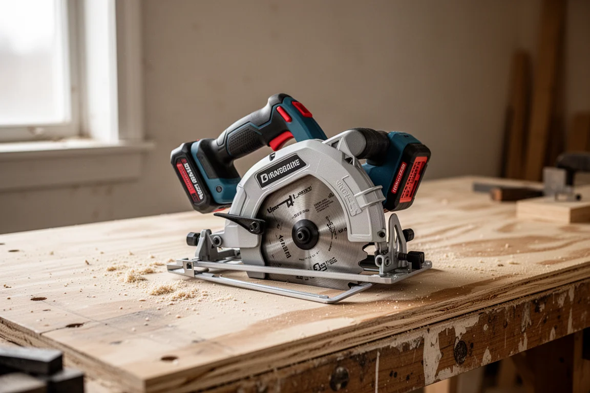 Cordless rear handle circular saw resting on a workbench in a workshop