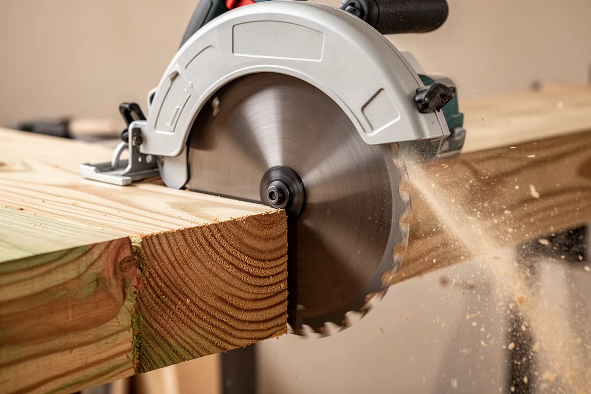 Circular saw cutting through a stacked dimensional timber with dust streaming out the side