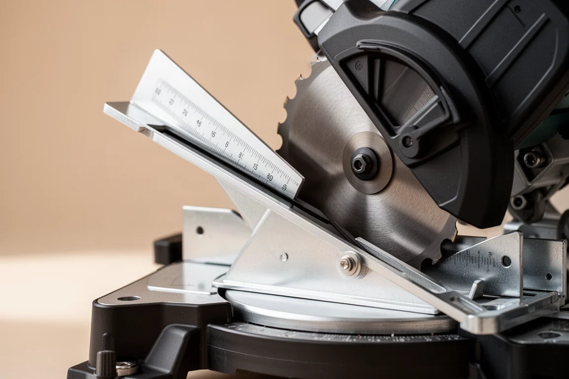 Close-up of a circular saw base plate set to a 45 degree bevel angle
