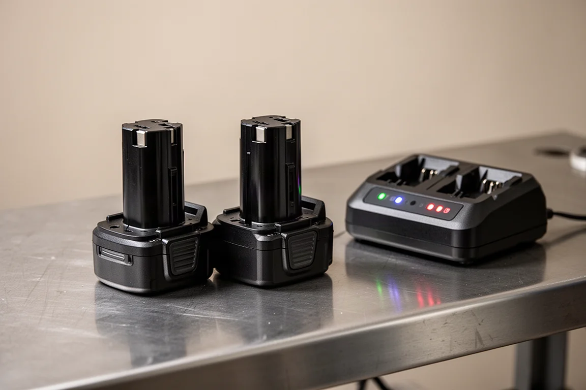 Two cordless tool battery packs beside a dual charger on a workbench