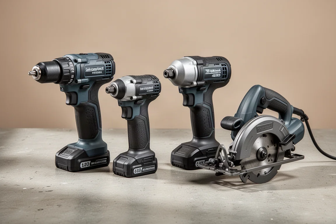 Four Skil sub-compact cordless power tools lined up on a concrete workshop surface