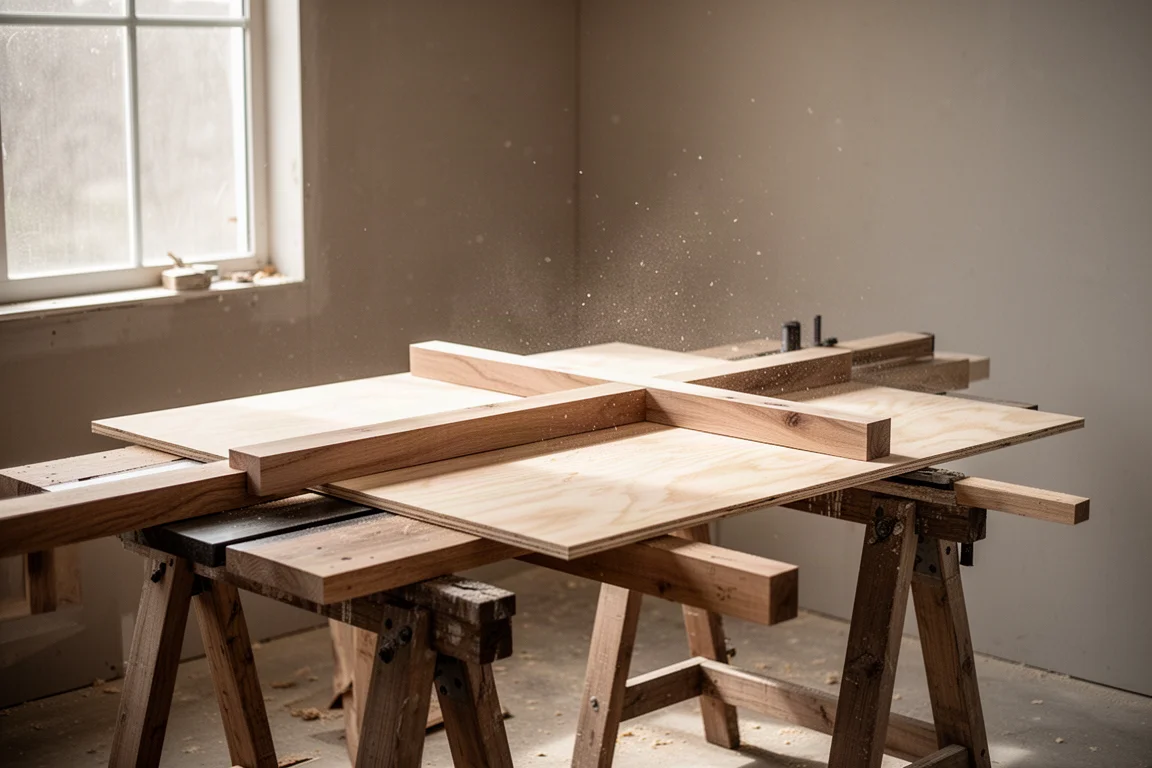 Gestapeld hout op bokken in een werkplaats, klaar om te zagen