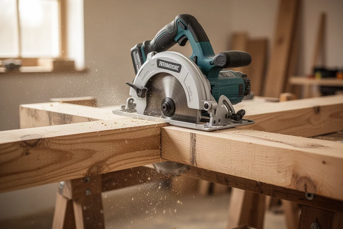 Circular saw cutting thick lumber in a workshop with sawdust flying