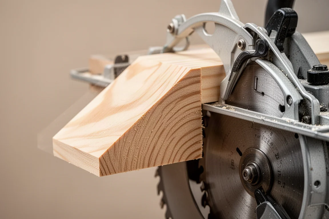 Bevel cut on angled lumber showing a clean 45-degree edge