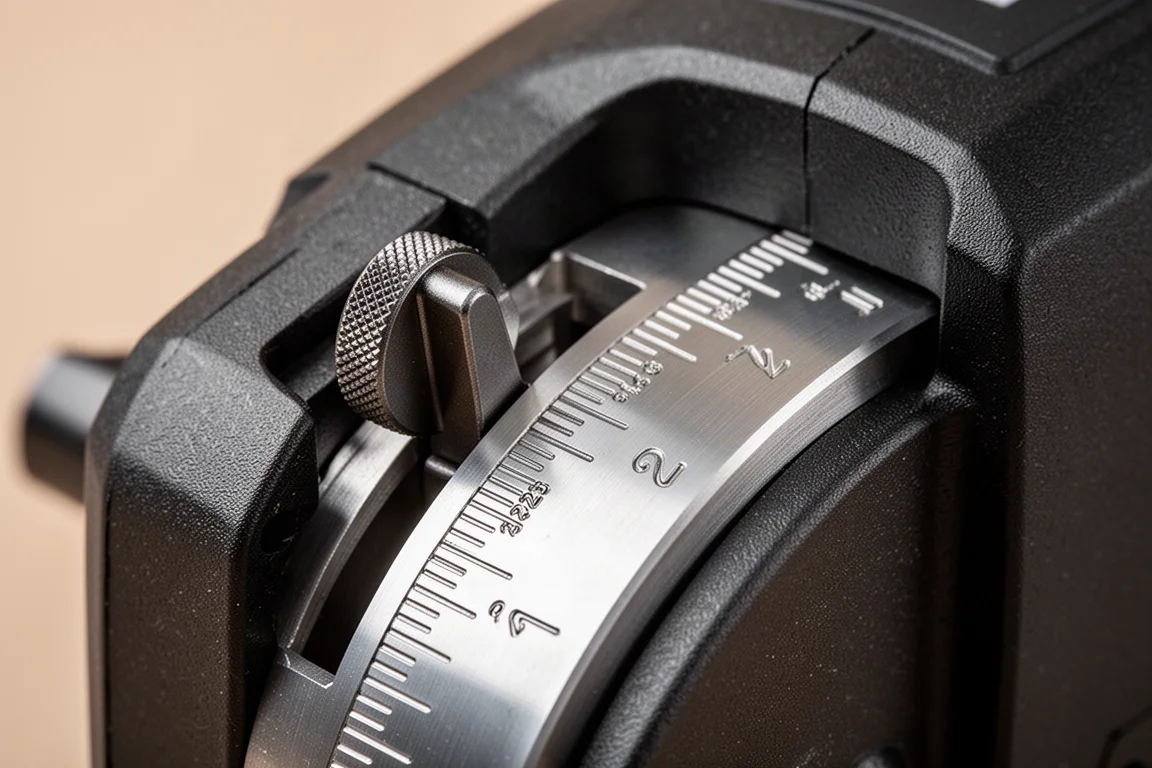 Depth adjustment scale on a circular saw with labeled markings