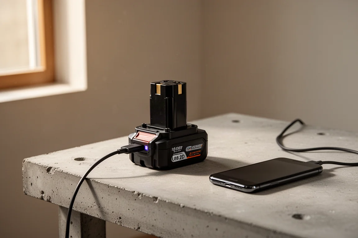 屋主在工作台上通过无线工具电池为智能手机充电