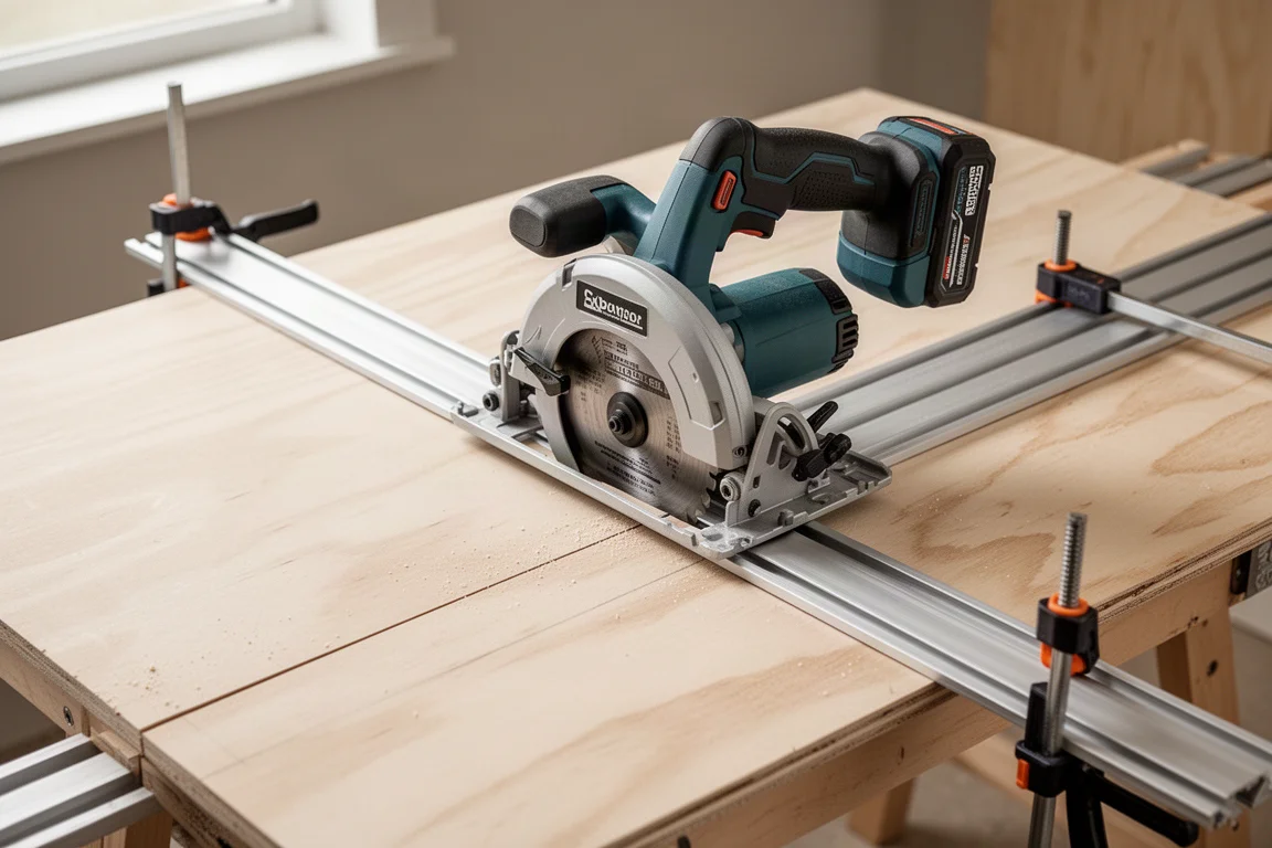 Una sierra circular deslizándose por un raíl de guía de aluminio sobre madera contrachapada