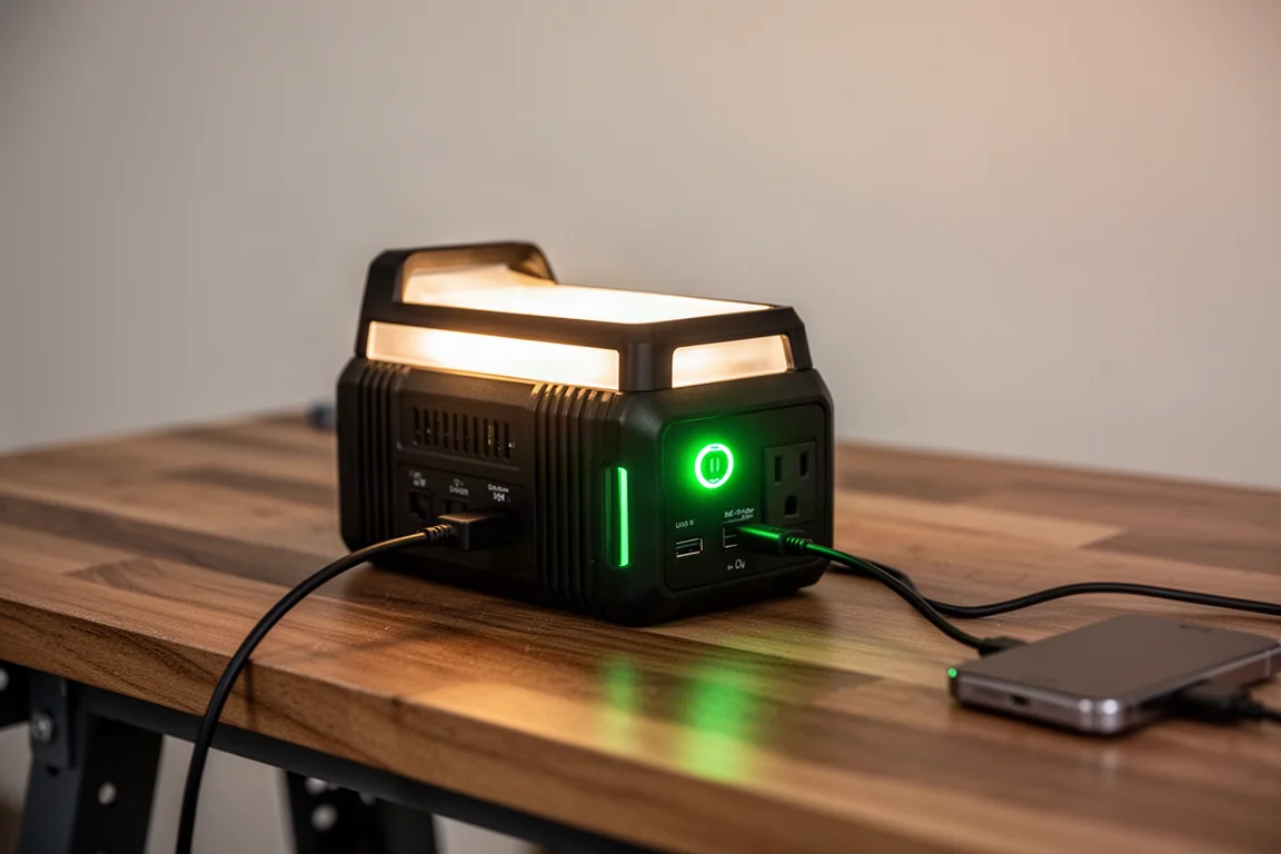 Inverter portatile che alimenta dispositivi su un tavolo da officina