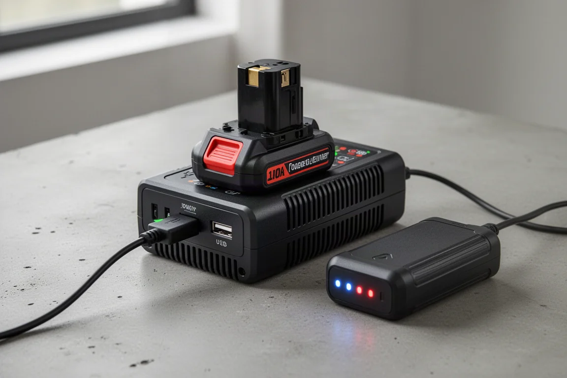 Batteria di attrezzatura outdoor in carica di mantenimento tramite un inverter portatile