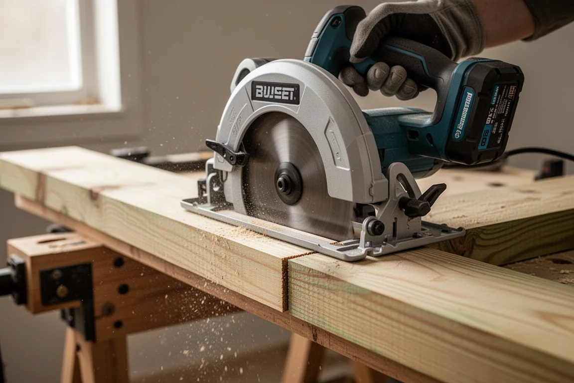 Circular saw cutting smoothly through a treated lumber board with a clean saw line