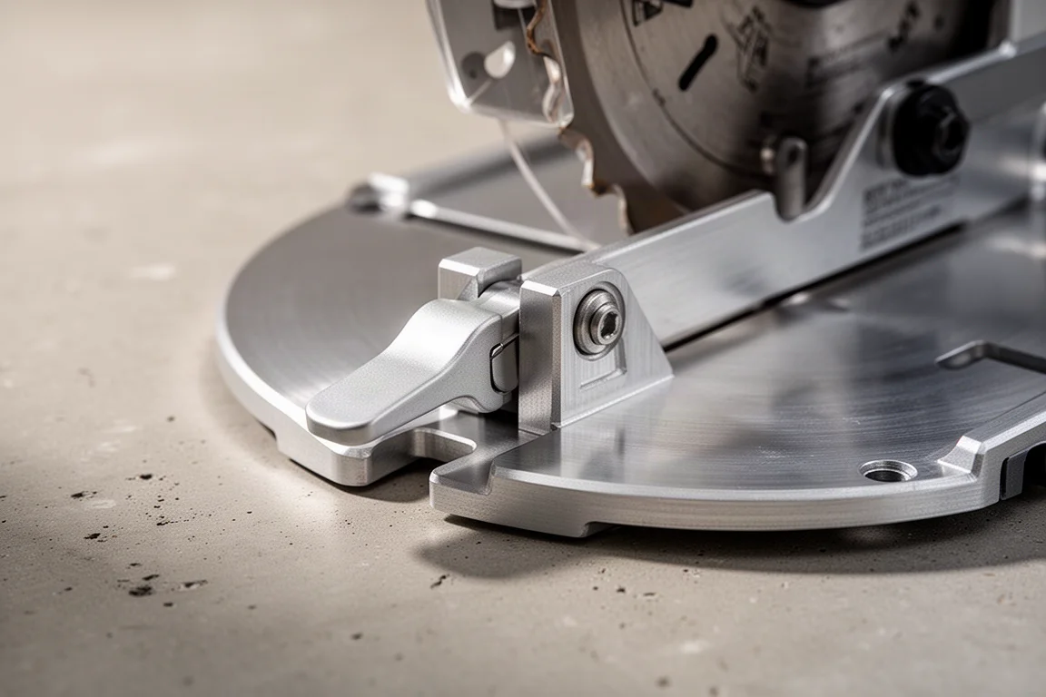 Detail of the saw's base plate and depth adjustment lever with clean metal surfaces