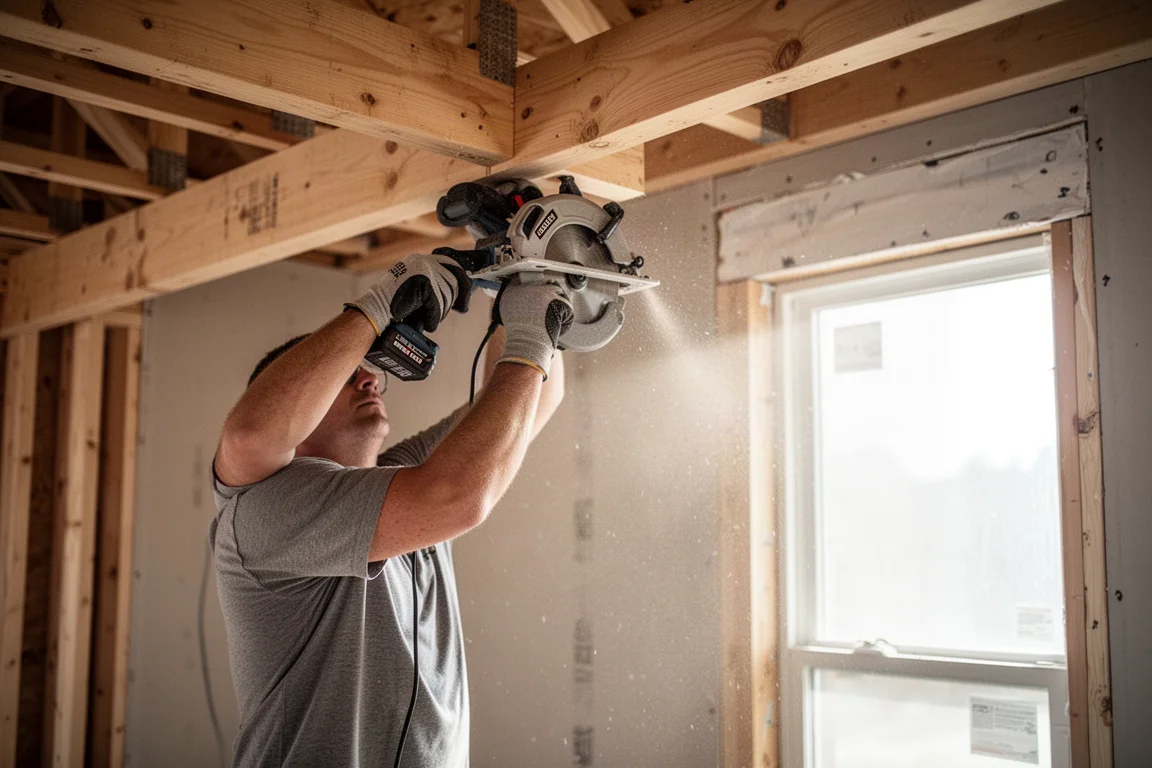 DIY worker cutting an overhead joist in a partially framed interior space