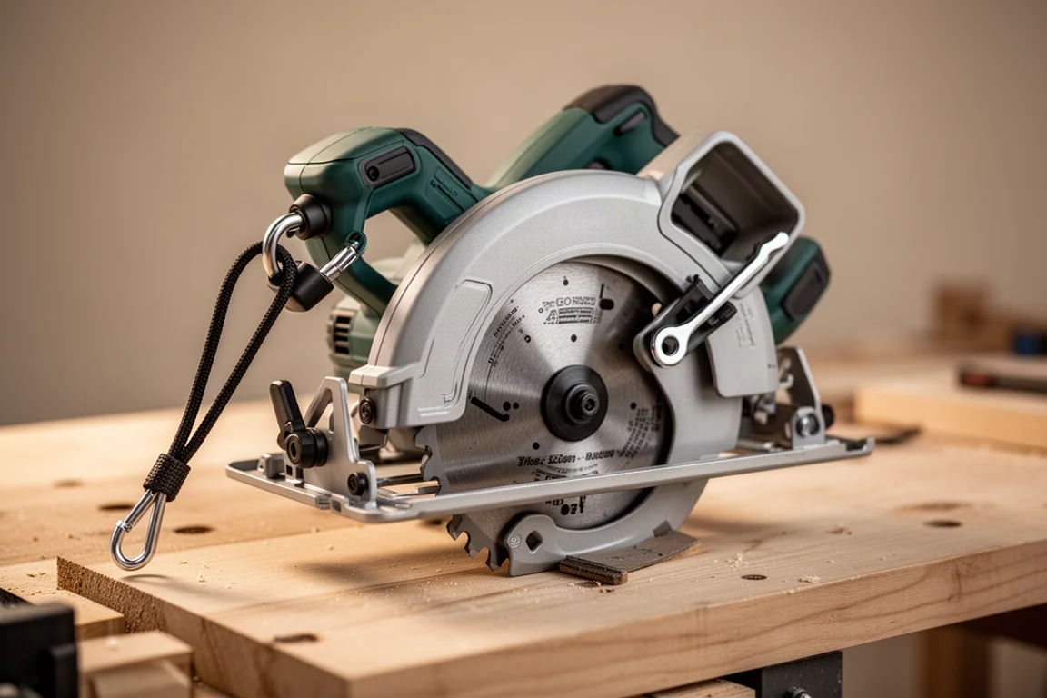 Circular saw hanging on a lanyard hook beside on-tool blade storage on a bench