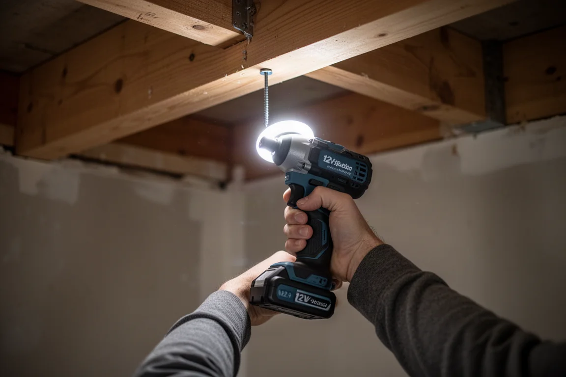 Kompakter 12V Impact Driver über Kopf gehalten, während eine Schraube in eine Deckenbalke getrieben wird