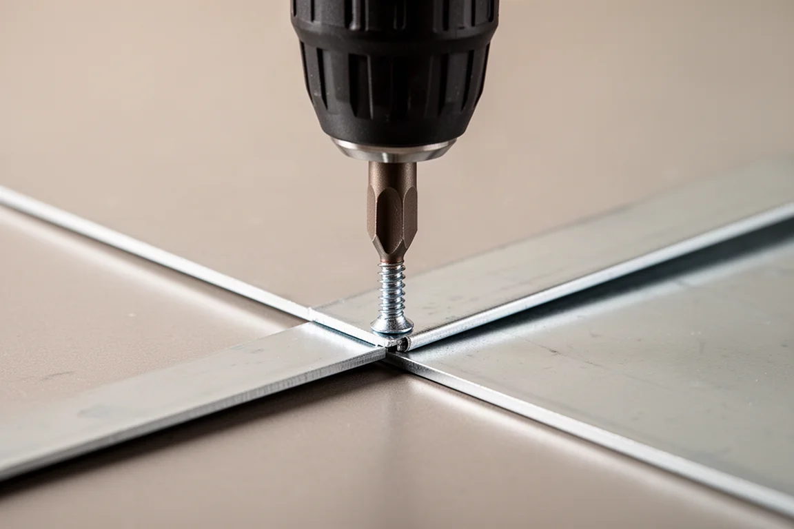 Bit sitzt in einem dünnen 20-Gauge-Metallwerkstück, das gerade befestigt wird