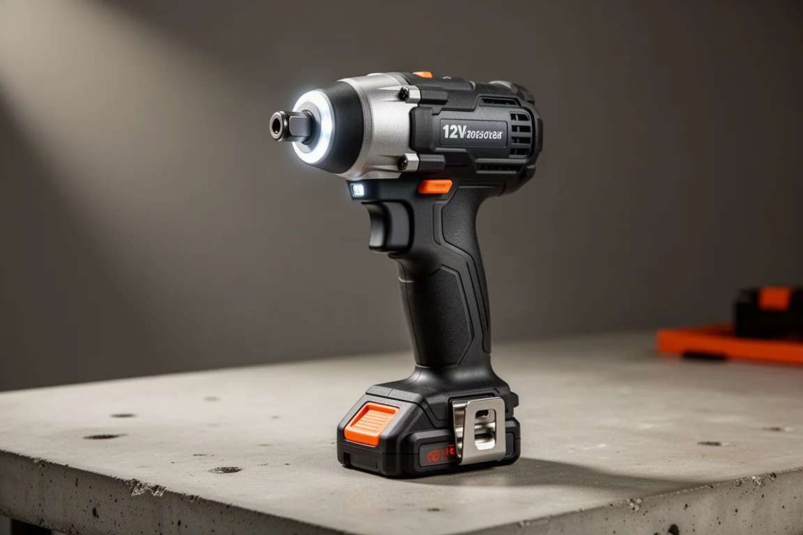 Compact 12V brushless impact driver standing on a concrete workbench surface