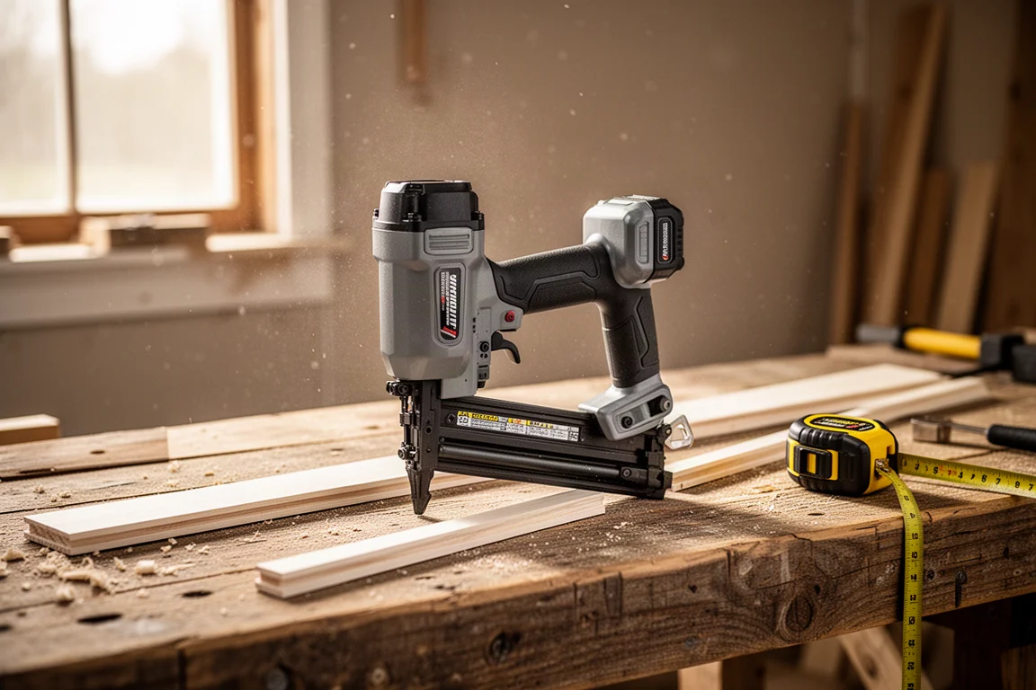Cordless brad nailer resting on a workbench beside trim pieces in a workshop