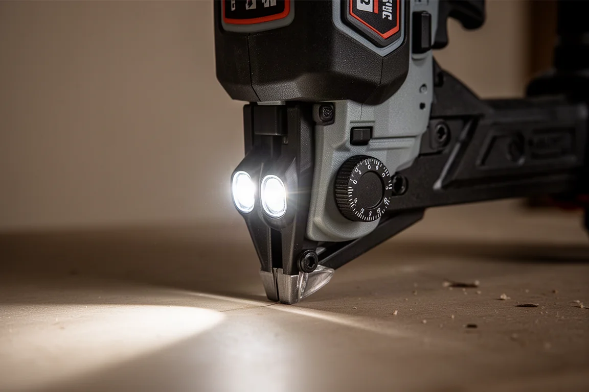 Close-up of dual LED lights on a nailer nose illuminating a dim corner
