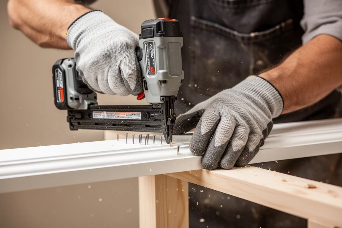 Woodworker driving brad nails into trim board with a cordless nailer