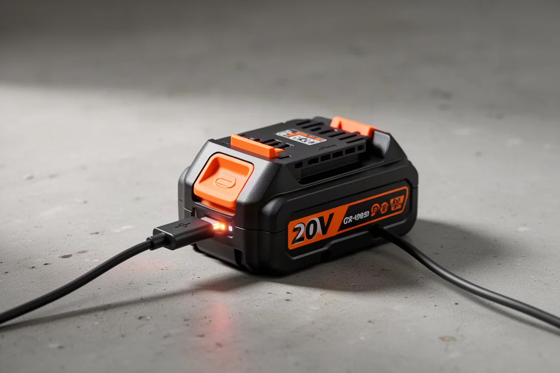 Nailer battery pack charging via USB-C port with cable attached
