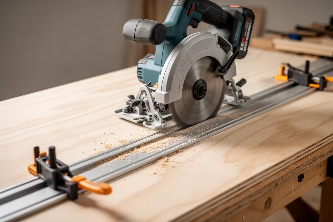 Sierra circular deslizándose por una guía de raíl de aluminio sujeta a madera contrachapada