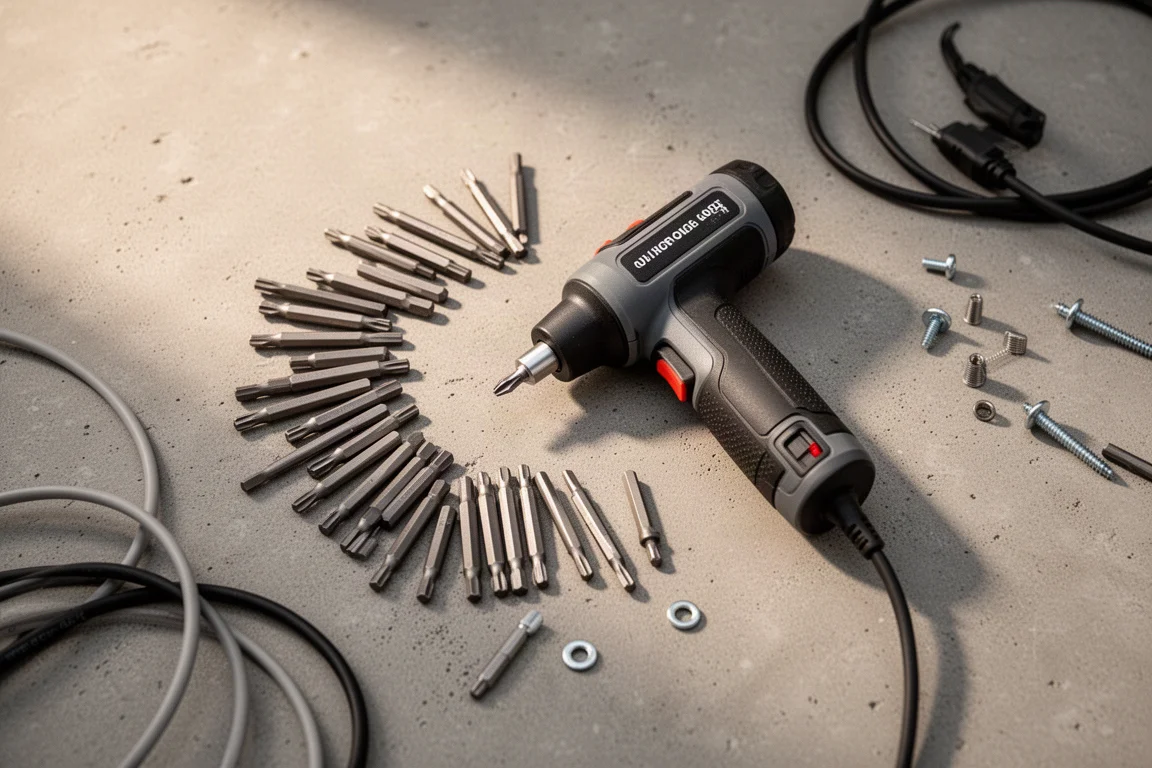 Avvitatore a batteria compatto su una bancale accanto a un assortimento di punte esagonali