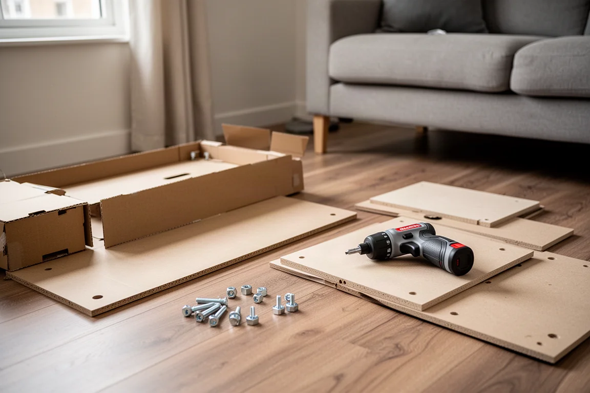 Persona che assembla mobili flat-pack a casa con un avvitatore compatto