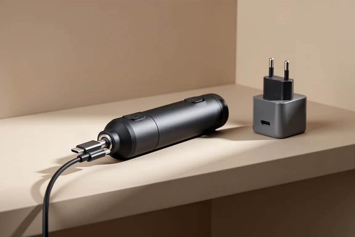 Avvitatore a batteria compatto in ricarica tramite cavo USB-C su una mensola