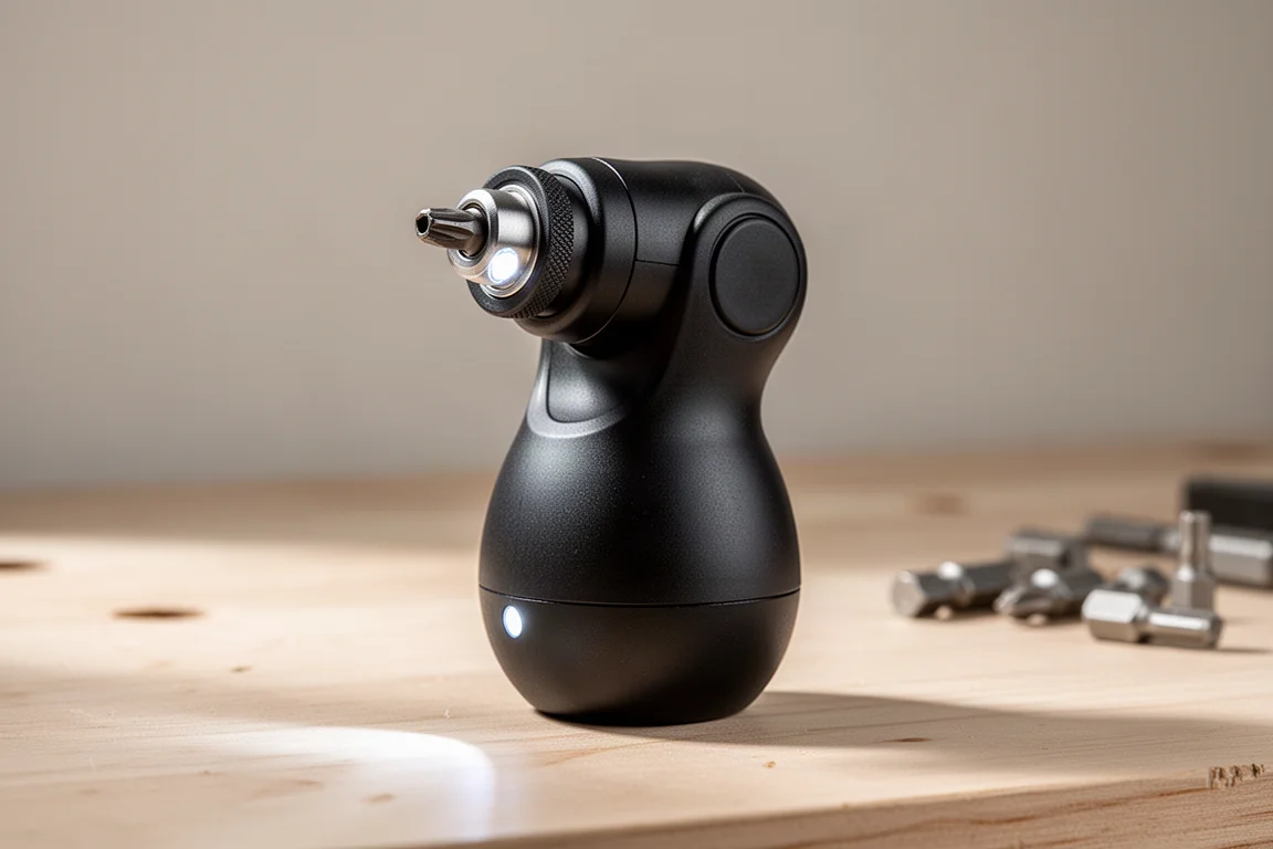 Compact cordless screwdriver with pivoting head on a wood workbench