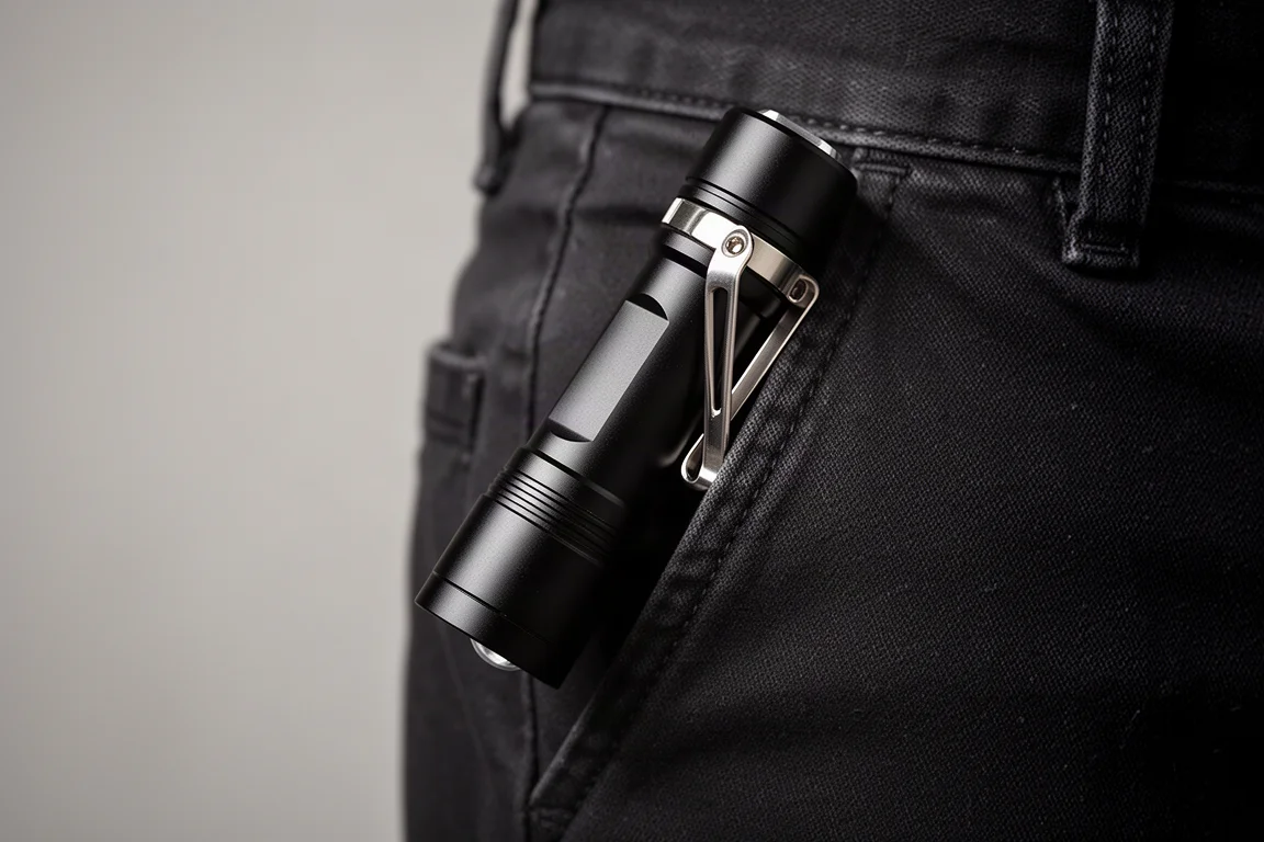 Nahaufnahme eines Taschenlampen-Hosentaschenclips, der auf eine Hosen Tasche geschoben wird