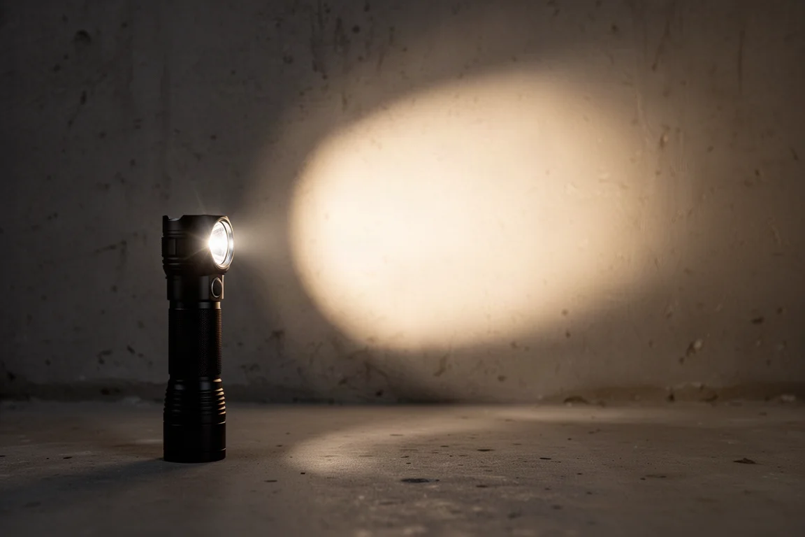 Taschenlampe wirft einen breiten, weichen Flutlichtstrahl auf eine dunkle Innenfläche