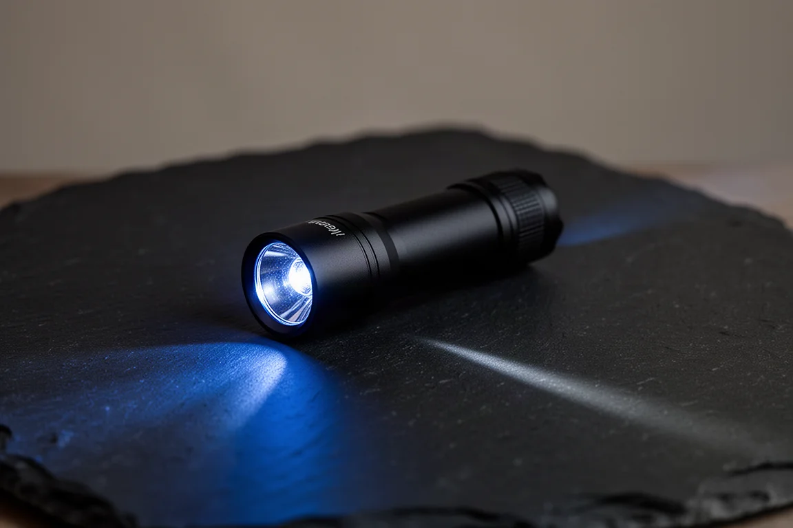 Taschenlampe leuchtet in einem dunklen Raum mit tiefblauem Sekundärlicht