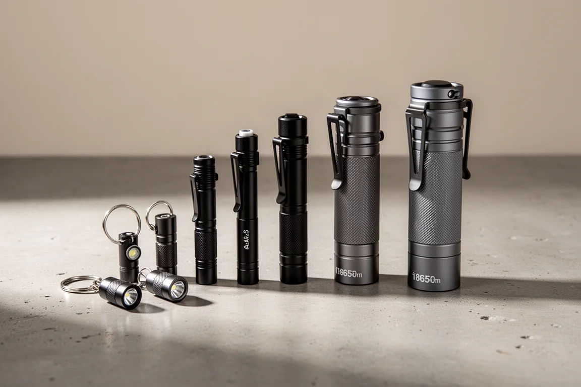 Six compact EDC flashlights of varying sizes arranged in a row on concrete