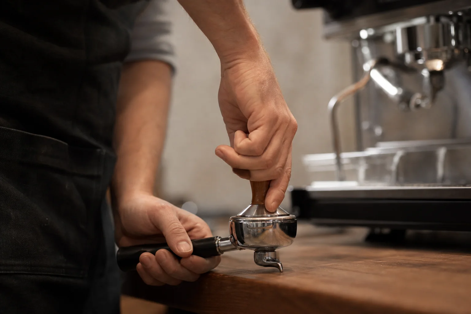 Barista hands tamping espresso grounds into a portafilter with precision